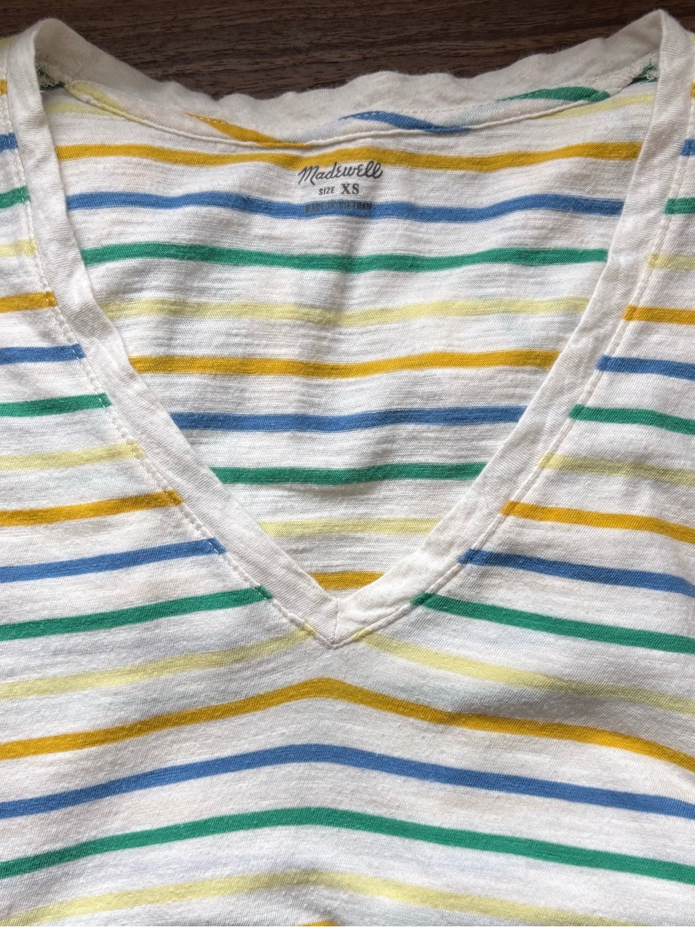 Madewell White V-Neck Tee with Blue, Green & Yellow Stripes size XS
